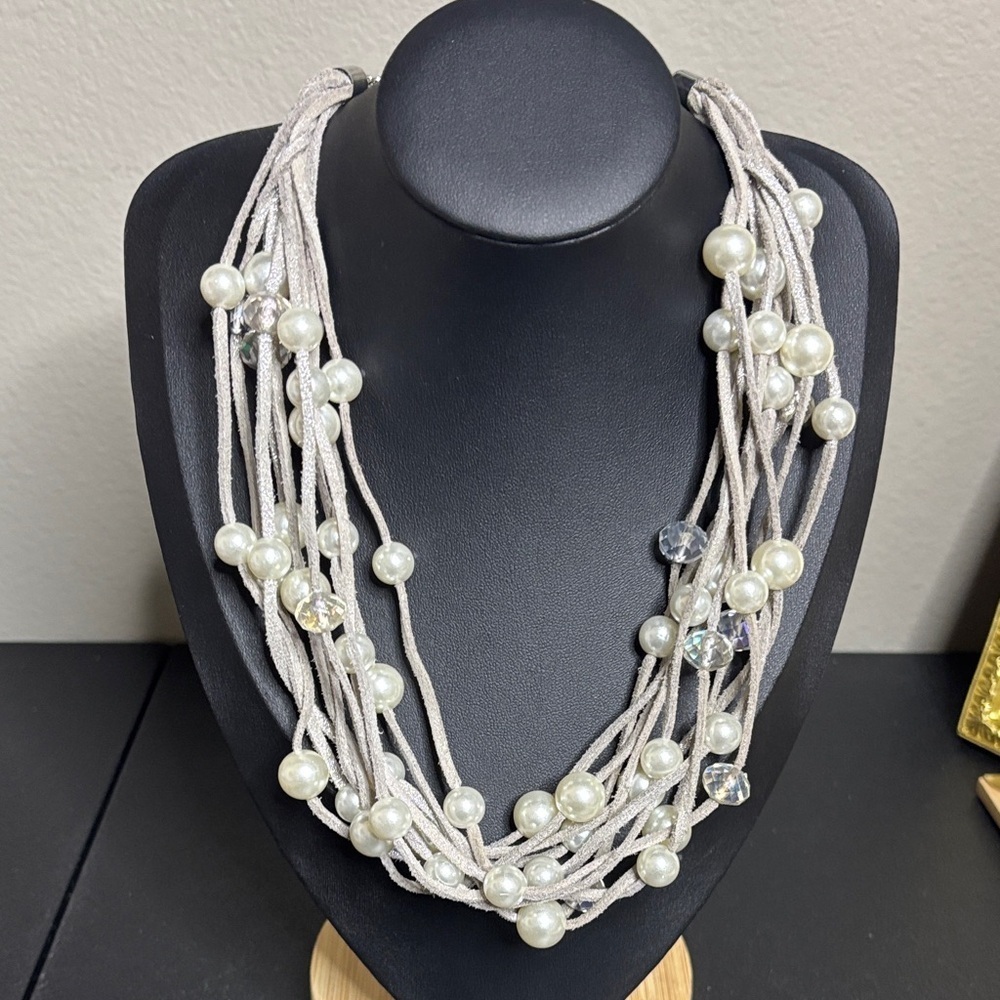 Multistrand Silver Gray Suede Faux Pearl Crystal Beaded Statement Necklace